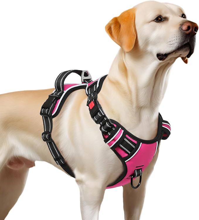 Timos Dog Harness, 3 Snap Buckles No-Pull Soft Padded Dog Vest with 2 Metal Leash Clips, Adjustable Reflective No Choke Pet Harness with Easy Control Handle for Extra Large Dogs,Rosy,L-Mewly Pet