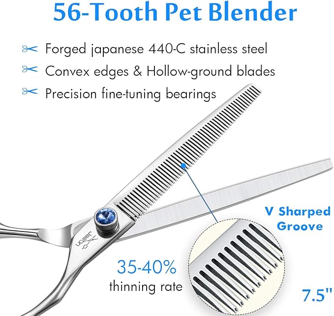 JASON 7.5" 56-Tooth Blending Dogs Grooming Scissors Cats Thinning Shears Pets Blender Thinner Trimming Texturizing Kit with Offset Handle Blue Jewelled Screw (7.5 Inch)-Mewly Pet