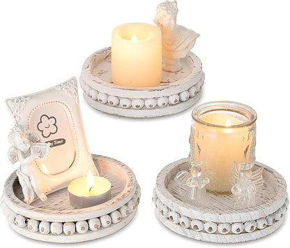 Hanobe Wood Plate Candle Holder: Small Candle Plate Set of 3 Decorative White Washed Beaded Holders Tray Round Candle Stick Holders Farmhouse Table Centerpiece for Fireplace Dining Room Home Decor