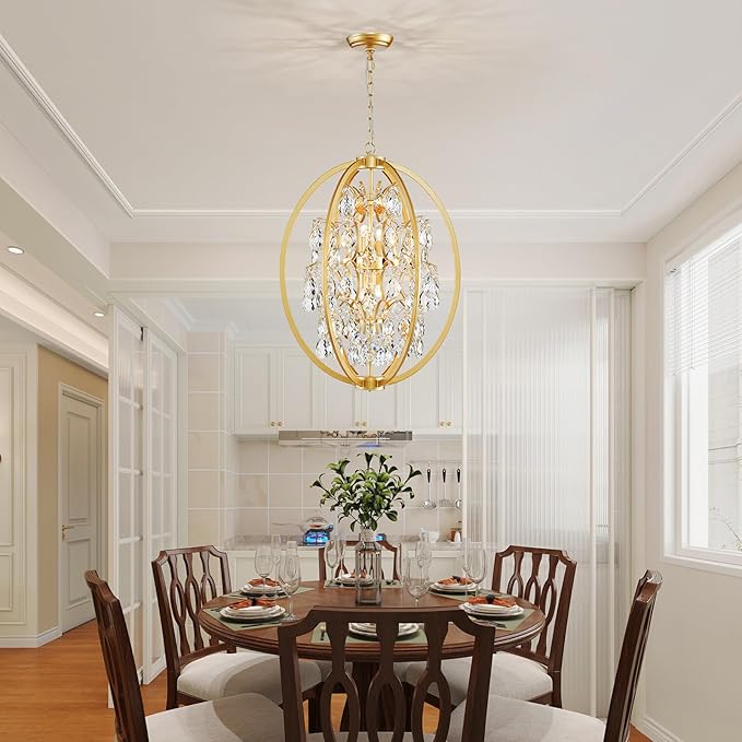 WUZUPS Globe Crystal Chandelier Raindrop Pendant Flushmount Ceiling Light Modern Lighting Fixture for Bedroom Hallway Bar Kitchen Bathroom, H 23.6" x W 19.7", Gold, 8 E12 Base
