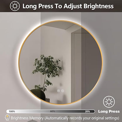Niccy Round Led Mirror for Bathroom, 24" Backlit Mirror for Wall Circle Lighted Mirror with Gold Frame Anti-Fog, 3 Colors, HD Glass and IP65 Waterproof