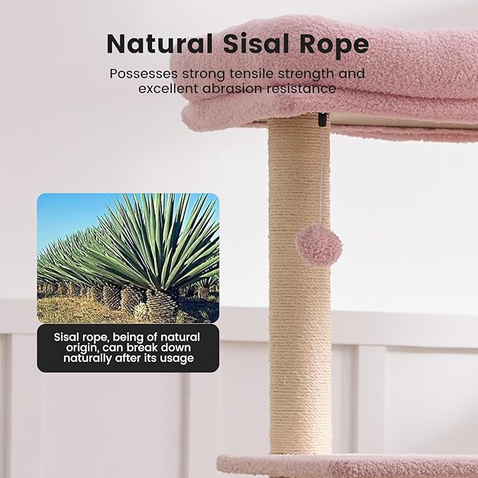 Gardner Pet 65in Heavy Duty Cat Tree Tower for Large Cats, Multi-Level Cat Furniture with Replaceable Sisal Scratching Post, Hammock | Extra-Large Platform & Condo (Pink&Green, Basic φ:2.84")-Mewly Pet