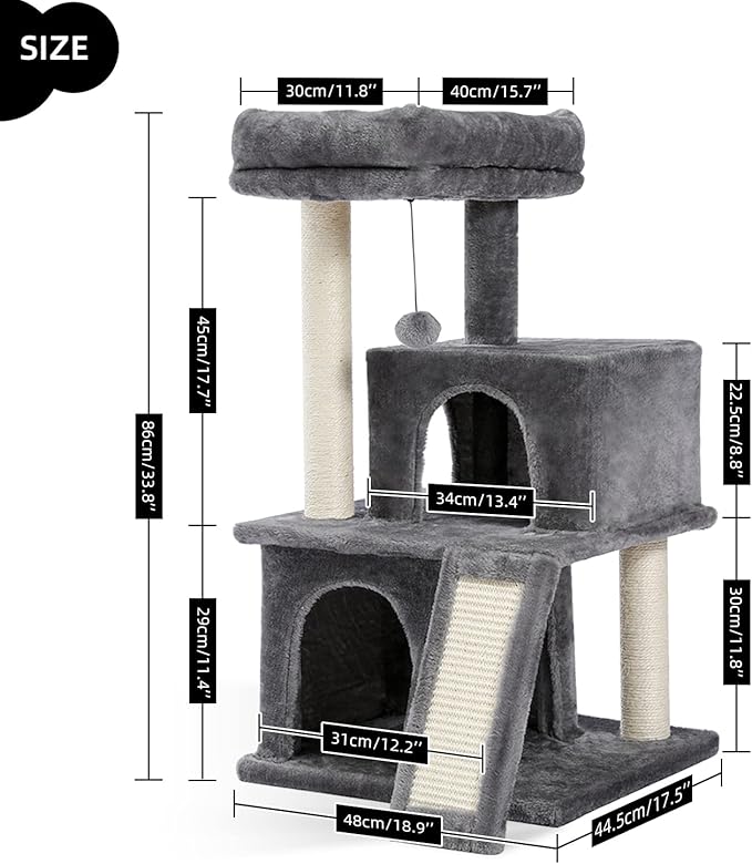 PAWZ Road 34 Inches Cat Tree Multilevel Cat Tower with Double Condos, Spacious Perch, Fully Wrapped Scratching Sisal Post and Replaceable Dangling Balls Gray-Mewly Pet
