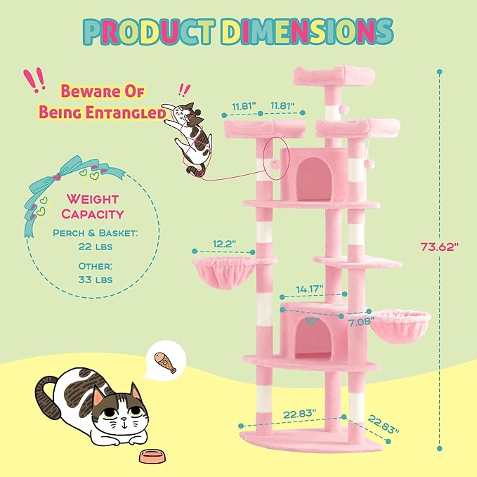 SHA CERLIN 73in Fan-Shaped Corner Cat Tower for Save Space/Multi-Level Tall Cat Tree for Indoor Kitties/Condo with Baskets/Cozy Perches/Sisal Scratching Posts/Pet Activity House/Pink-Mewly Pet
