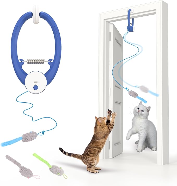 Interactive Cat Toys Rechargeable, Feather Toy for Indoor Cat, Hanging Retractable Teaser Toy, Automatic Kitten Play Chase Exercise Toys with Three Plush Mouse, USB Powered (Blue)-Mewly Pet