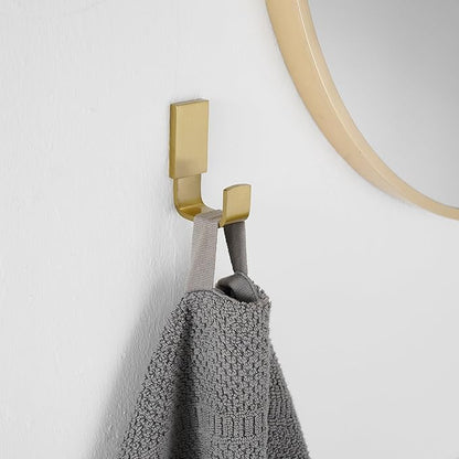 BESy Brass Clothes Hook Single Towel Hook for Bathroom Kitchen Garage Square Style Robe Hooks Coat and Hat Hook, Self Adhesive with Glue or Wall Mounted with Screws, Brushed Gold