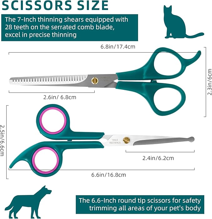 Professional Pet Grooming Kit, Stainless Steel Dog & Cat Grooming Shears with Rounded Tip Blades for Safe Fur Trimming, Thinning Shears, Straight Scissors, and Pet Comb (Set of 3)-Mewly Pet