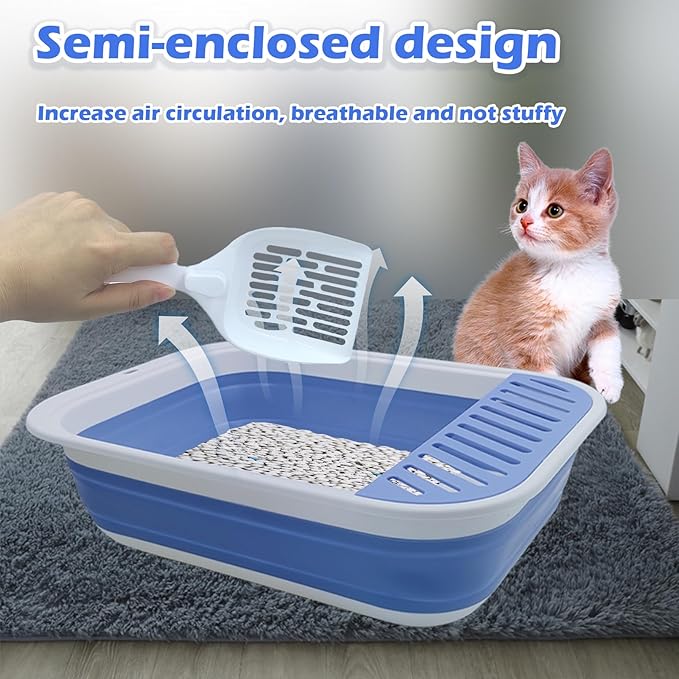 Collapsible Small Cat Litter Box,Open Top Cats Litter Pan with Scoop Foldable Shallow Kitten Potty Toilet Waterproof Cat Travel Litterbox Anti-Splashing Low Entry Semi-Enclosed Easy Clean(Blue)-Mewly Pet