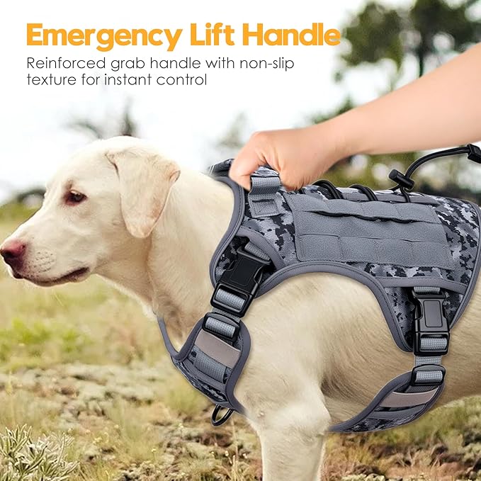 Heavy-Duty Tactical Dog Harness for Large Dogs, No Pull Adjustable Reflective Pet Vest with Molle System, K9 Military-Grade Control for Service Training, Outdoor & 10+ Breeds, Gray Camo, Large-Mewly Pet