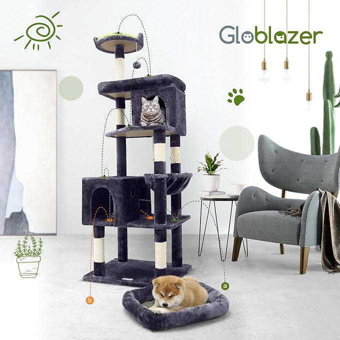 Globlazer Heavy Duty Cat Trees for Large Cats, Sturdy 72in Maine Coon Cat Tree for Large Cats 20 lbs+ Heavy Duty Cat Tower for Adult Biggest Cat with 6 Scratching Posts, Hammock, S72, Dark Gray-Mewly Pet