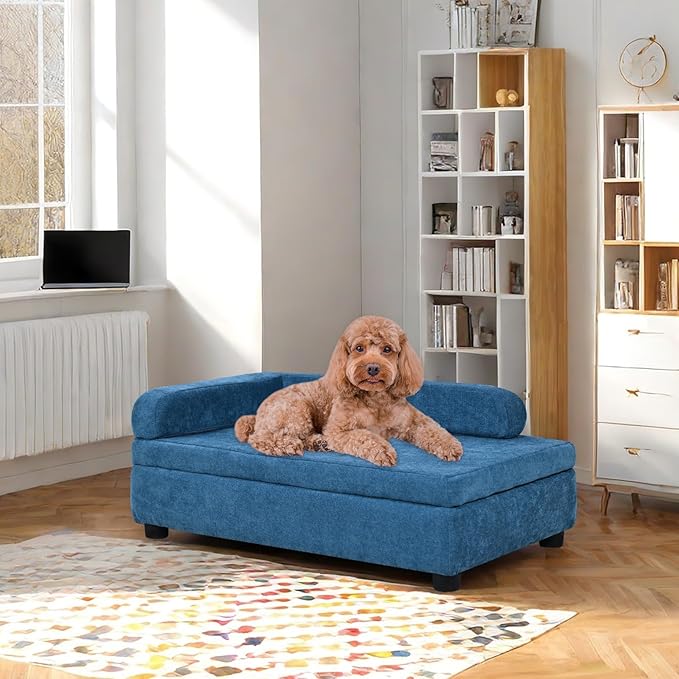 AFBKSS&BB Pet Sofa with Hidden Storage for Puppy and Cat,Linen Fabric Dog Sofa,Cat Couch with Wooden Frame (Blue)-Mewly Pet