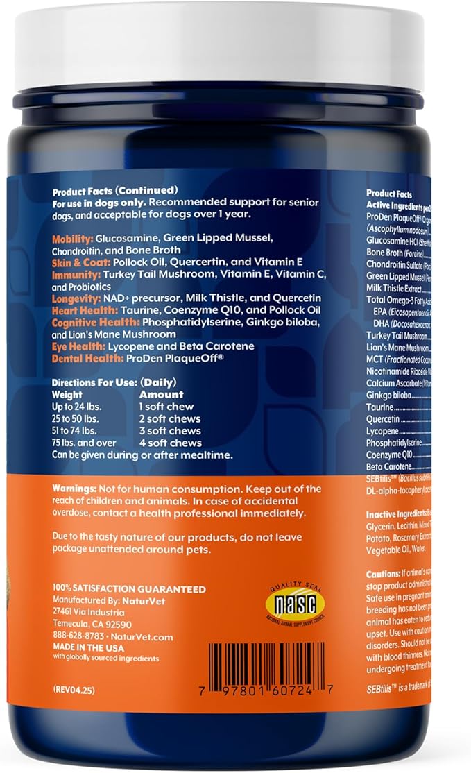 NaturVet All-in-One Senior Dog Daily Care Supplement, 8-in-1 Support Dog Soft Chews for Mobility, Skin, Heart, Teeth, Cognition, Eyes, Hickory Smoked Bacon Flavored Pet Supplement for Dogs, 60 Count-Mewly Pet