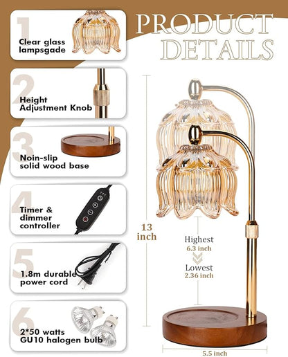 Candle Warmer Lamp with Timer Dimmable, Height Adjustable, Birthday Gifts for Women Mom, Suitable for New Home Decoration, Christmas Gift Lotus Flower Candle lamp,With 2 bulbs,Suitable for Jar Candles