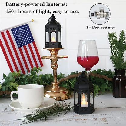 LLQ 8Pcs Mini Lanterns for Centerpiece, Ramadan Decorations, Battery Included, Decorative Candle Lanterns for Indoor, Small Vintage Lantern for Halloween Christmas Wedding Table Decor, Black