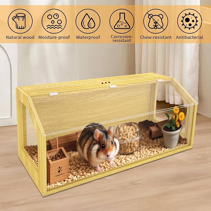 Large Hamster Cage, Chewproof Large Hamster Habitats, Wooden Guinea Pig Cages, Openable Top Roof, Lockable Gerbil Cage, Small Animal Cage for Dwarf, Syrian, 48" L x 20" W x 20" H-Mewly Pet