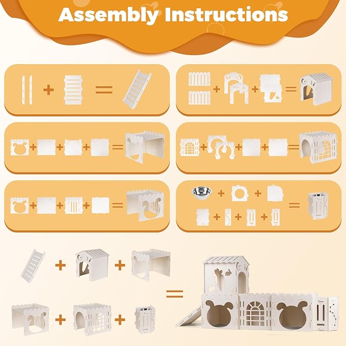 Extra Large Rabbit House, Wooden Bunny House Hideout with 4 Houses and Hay Feeder Indoor, Rabbit Guinea Pig Hideout Multistory Climbing Tower Sturdy Wooden Castle, Small Animal Hideaway Tunnel-Mewly Pet
