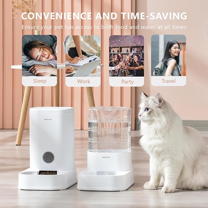 PAWGETHER® 2 Pack Gravity Cat Feeder and Water Dispenser 1 Gallon/3.5L Automatic Cat and Dog Feeder and Waterer with Pet Food Bowl for Puppy Kitten-Mewly Pet