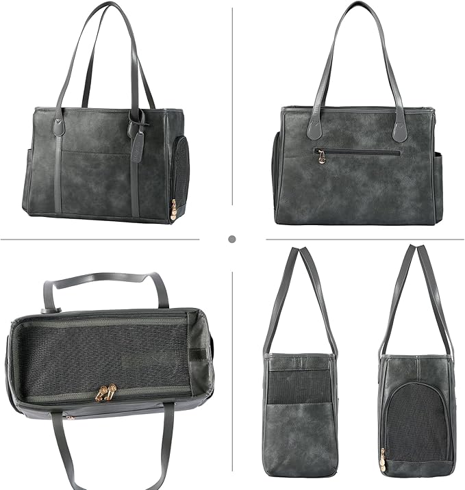 Stylish Dog Purse Carrier, Leather Pet Carrier Bag for Small Dogs Cats Puppy, Airline Approved Soft-Sided Carrier Grey-Mewly Pet