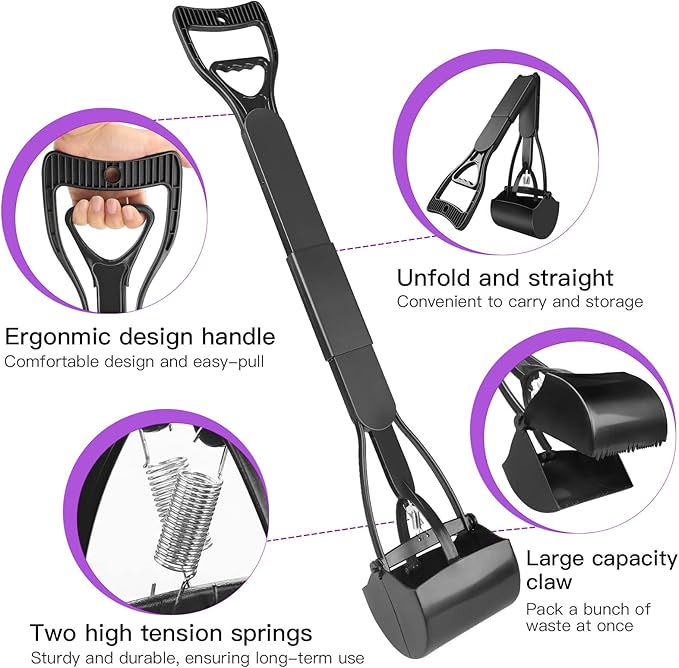 UPSKY 32'' Pooper Scooper for Large Small Dogs, Long Handle Dog Poop Scooper with Waste Bags, Portable Dog Poop Pick Up Tool, Folding Poop Scoop for Yard, Grass, Dirt, Gravel Black-Mewly Pet