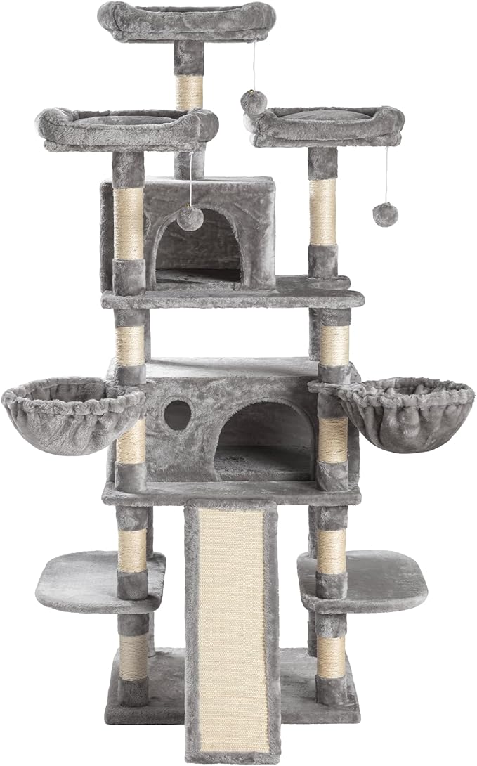 SHA CERLIN 68 Inches Multi-Level Large Cat Tree for Large Kitties/Big Cat Tower with Condo/Cozy Plush ‌Pussycat Perches/Sisal Scratching Posts and Hammocks/Activity Center/Grey-Mewly Pet