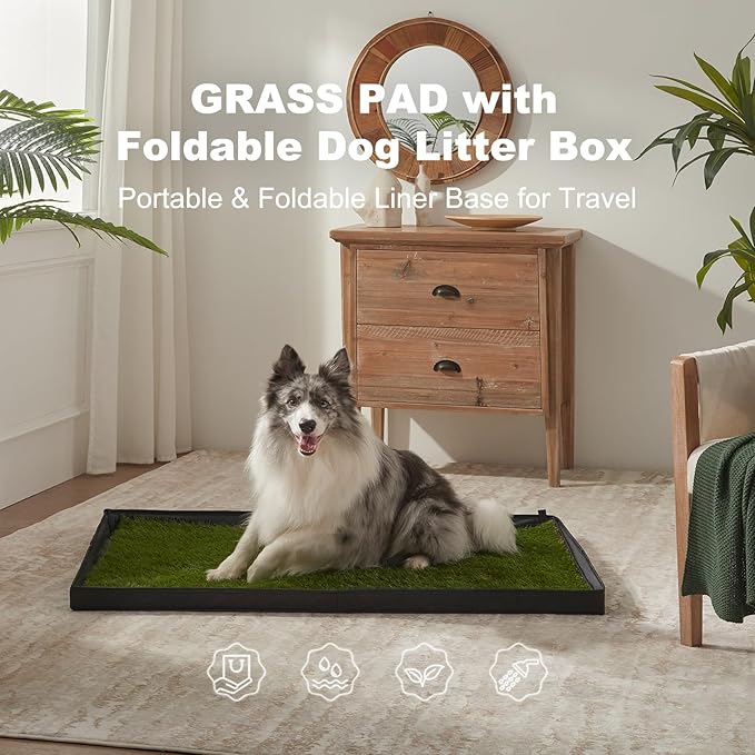 Dog Grass Pad with Foldable Dog Litter Box, Large Liner Base (33”×23”) for Balcony, 2 Artficial Grass Pee Pads for Dogs, Pee Pad Holder, Potty Training-Mewly Pet