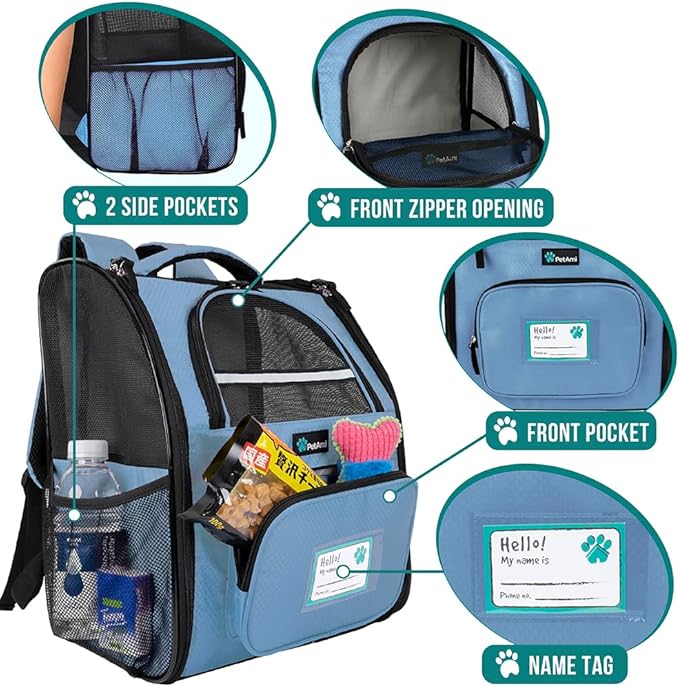 PetAmi Dog Backpack Carrier for Small Large Cat, Pet, Puppy, Ventilated Pet Hiking Backpack Travel Bag, Airline Approved Cat Backpack Carrier, Camping Biking Dog Bag Up to 18lbs Pet, Light Blue-Mewly Pet