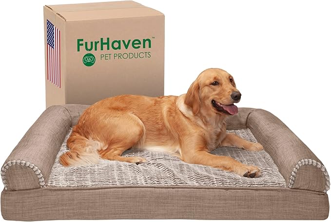 Furhaven Cooling Gel Dog Bed for Large Dogs w/ Removable Bolsters & Washable Cover, For Dogs Up to 95 lbs - Luxe Faux Fur & Performance Linen Sofa - Woodsmoke, Jumbo/XL-Mewly Pet