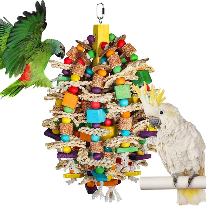 Medium Large Parrot Toys 20in Chewable Bird Toy with Coconut Shell, Poplar Wood, Corn Cob, 112 Schima Wood Beads Bird Shredding Toys Parakeet Macaw Cockatiel Conure African Grey Parrot Gifts-Mewly Pet