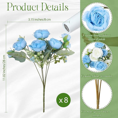 Geosar 8 Bundles Artificial Peonies Flowers Fake Silk Peony Bouquet Faux Peonies Flowers Bulk for Decoration Vase Floral Arrangements Wedding Party Table (Blue,White)