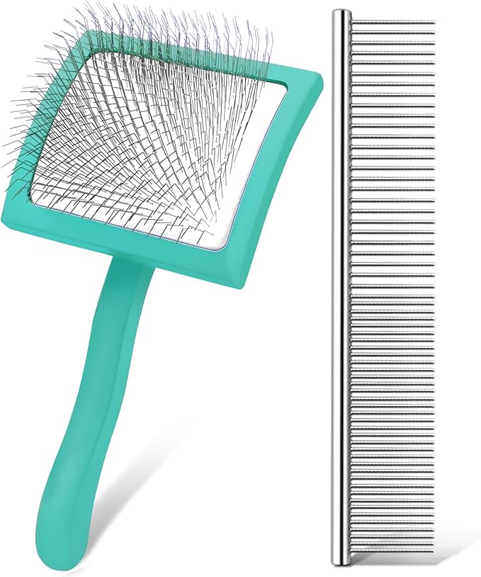 Slicker Brush for Dogs, Long Pin Dog Grooming Brush for Goldendoodles, Poodles, Doodles & More, Includes Bonus Pet Comb, Perfect for De-Shedding, Dematting & Reducing Tangles. Large, Green-Mewly Pet