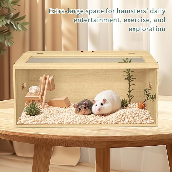 32" Hamster Habitat Enclosure, Top Opening Lockable Roof Door, Gerbil Dwarf Hamster Cage with Hygrometer, Chewproof Syrian Hamster Cage for Mice, Small Animal, (Wooden, 32" L x 16" W x 16" H)-Mewly Pet