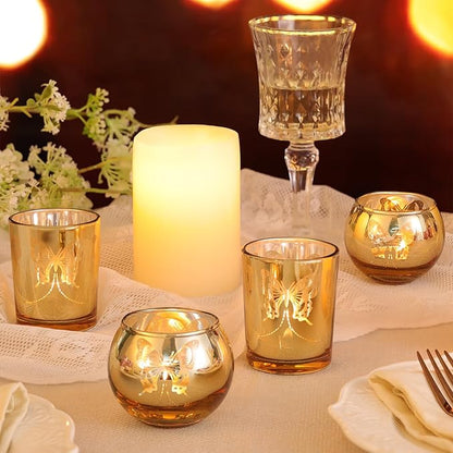 Gold 12 PCS Combination Tea Lights Candle Holder Decorative with Butterfly Pattern, Votive Candle Holders for Wedding, Birthday, Anniversary, Parties, and Holiday Decorations