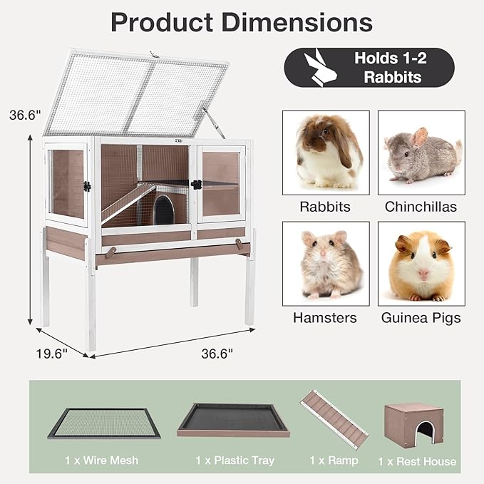 Guinea Pig Cage with Wooden Stand - Hamster Cage, Small Animal Cage Anti Chew Ramp, Hideout, Platform, Pull Out Tray (Brown, L)-Mewly Pet