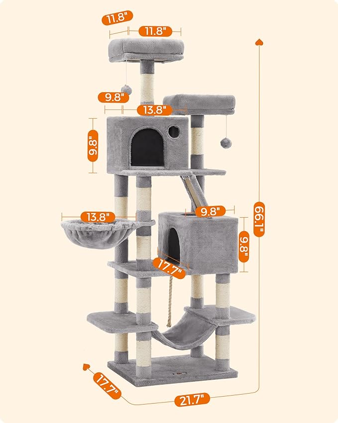 Feandrea Cat Tree, 66.1-Inch Large Cat Tower with 13 Scratching Posts, 2 Perches, 2 Caves, Basket, Hammock, Pompoms, Multi-Level Plush Cat Condo for Indoor Cats, Light Gray UPCT165W01-Mewly Pet