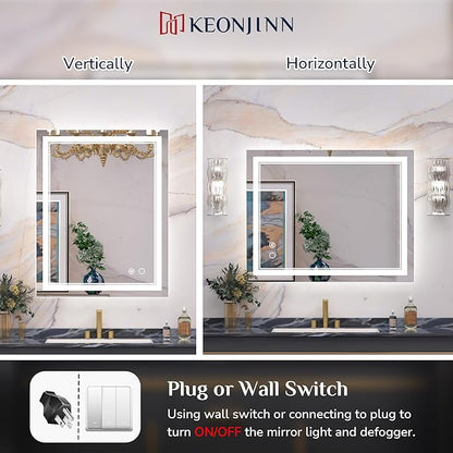Keonjinn LED Mirror for Bathoom 24 x 30 Inch, Bathroom Mirror with Front Lights, Shatter-Proof Tempered Glass, UL-Listed LED Driver, Anti-Fog, Dimmale 6000K, Easy Installation(Horizontal/Vertical)