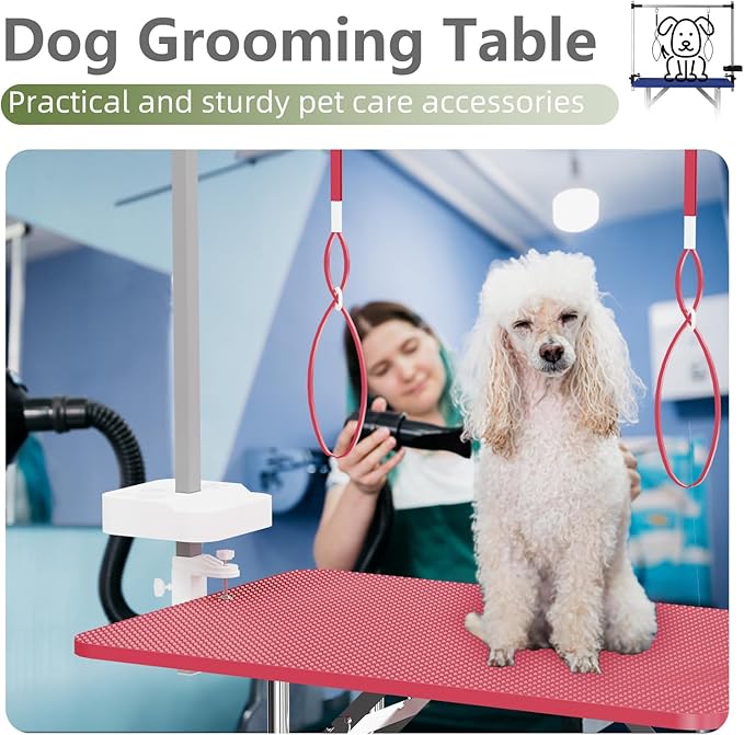 VFK 36''/47''Large Dog Grooming Table, Foldable Pet Station at Home, Dog Grooming Table,Adjustable Cat Drying Desktop with Arms, Nooses, Mesh Tray (Stainless Steel pet Table, 36" Pink)-Mewly Pet