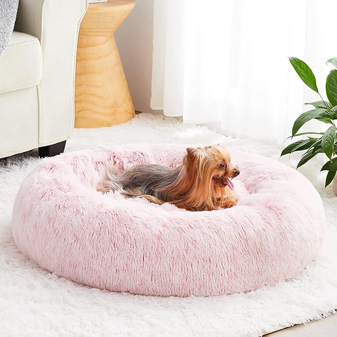 WNPETHOME Calming Dog Bed Cat Bed Donut, Faux Fur Pet Bed Self-Warming Donut Cuddler, Comfortable Round Plush Dog Beds (30 x 30 x 10 Inch, Light Pink)-Mewly Pet