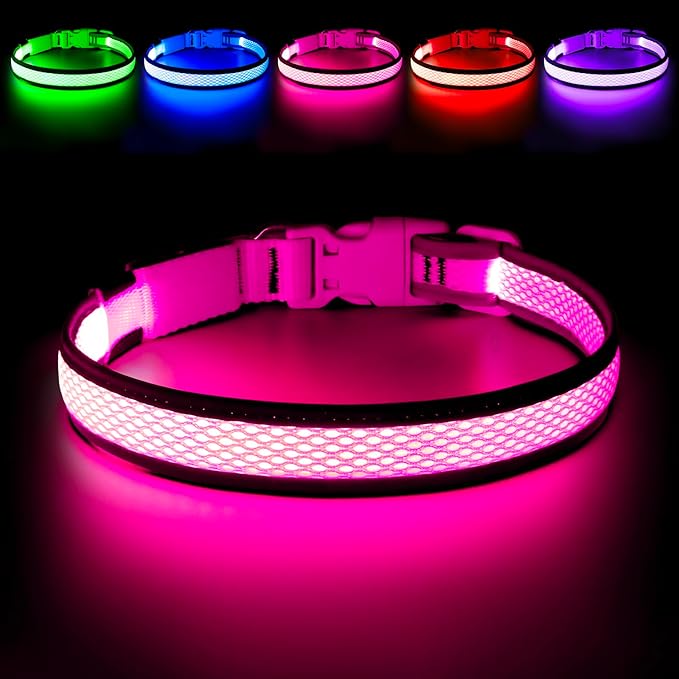 Flashseen LED Dog Collar, Light Up Dog Collar USB Rechargeable, Brightest Dog Lights for Night Walking, Adjustable Dog Collar Light for Dog Safety(Small, Candy Pink)-Mewly Pet