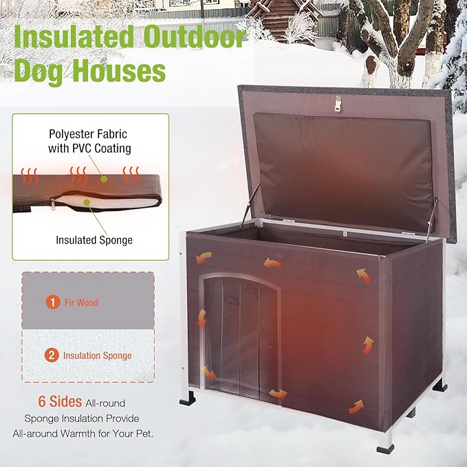 GUTINNEEN Large Insulated Dog House for Winter Outdoor Dog Kennel with Anti-Chewing Metal Frame for Medium to Large Dogs,Grey and White-Mewly Pet