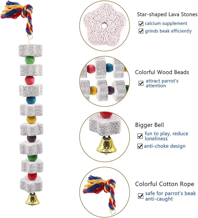 2 Pack Mineral Block Chew Toys with Colorful Beads and a Bell, Bird Beak Grinding Stone, Cage Accessories for African Grey, Budgies, Cockatiels, Small to Medium Birds-Mewly Pet