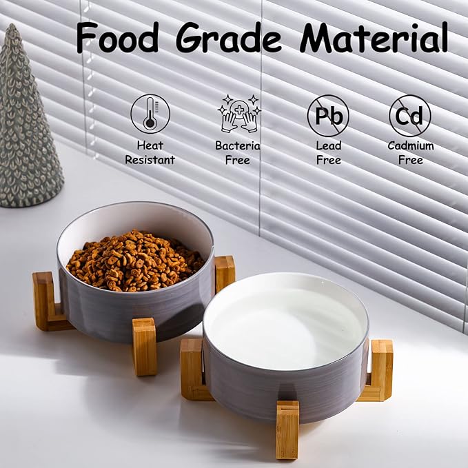 Petygooing Ceramic Cat Dog Bowl Set with Stand,Small Dog Bowls,Pet Food and Water Dish, Anti Slip Set of 2 Cat Bowls-Cute Modern Pet Food Dish Small Size (13.5OZ/5.1 in) Grey White-Mewly Pet