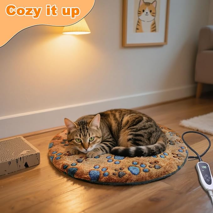 Cat Heating Pad, 16 in Round Heated Bed Smart Thermostatic Switch, Add Wire Rope Cat Carpet Puppy Whelping Supplies, Comes with a Plush Cloth Cover - Apricot-Mewly Pet