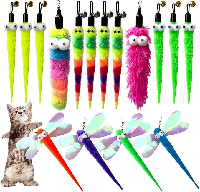 Cat Worm Teaser Toys Wand Attachments Fishing Pole Toy Refill - 16pcs Assorted Cat Worms-Mewly Pet