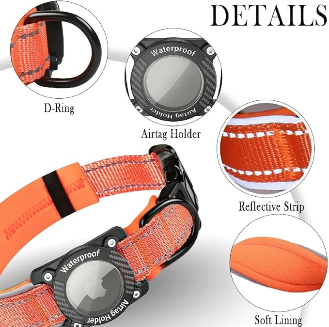 Upgraded AirTag Dog Collar, IP68 Waterproof Dog Collar with Apple Air Tag Holder, Reflective Adjustable Heavy Duty Dog Collars with Soft Padded for Small, Medium and Large Dogs,Orange, M-Mewly Pet