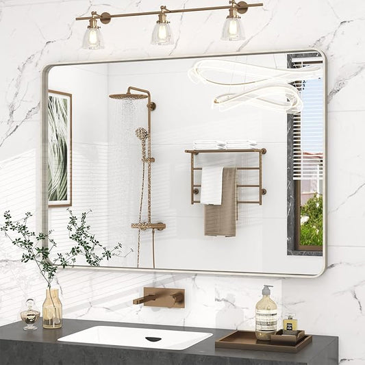48x36 Inch Brushed Nickel Bathroom Mirror, Brushed Silver Metal Framed Wall Mirror, Rounded Corner Rectangle Modern Vanity Mirror, Tempered Glass, Anti-Rust, Shatterproof (Horizontal/Vertical)