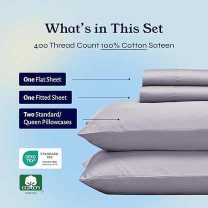 California Design Den Queen Sheet Set - Soft 400 Thread Count Sateen, Natural 100% Cotton Sheets for Queen Size Bed, Deep Pockets for a Snug Fit, Durable Bedding Set - Dusky Lavender Grey