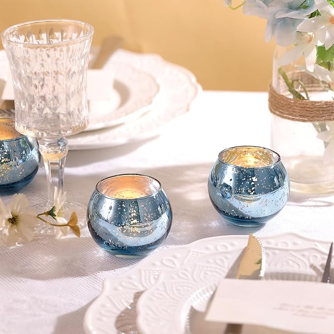 LAMORGIFT 12 PCS Blue Mercury Glass Votive Tealight Holders - Blue Centerpieces for Bridal Shower Decorations, Wedding Table Glass Decor