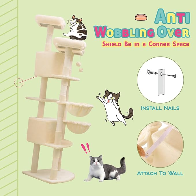 SHA CERLIN 73in Fan-Shaped Corner Cat Tower for Save Space/Multi-Level Tall Cat Tree for Indoor Kitties/Condo with Baskets/Cozy Perches/Sisal Scratching Posts/Pet Activity House/Beige-Mewly Pet