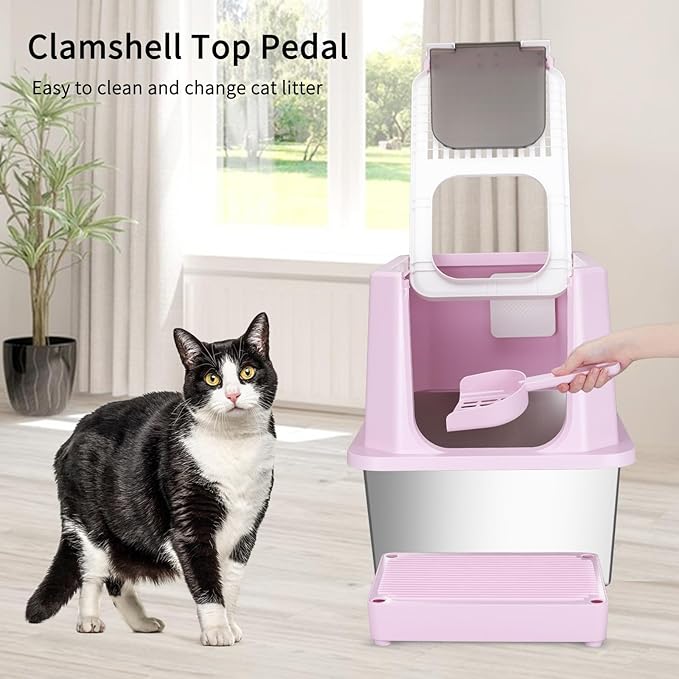 RIZZARI Stainless Steel Cat Litter Box, Semi-Enclosed with Raised Edges, Anti-Leakage & Odorless, Large for Small to Large Cats (Deep Pink, 23.8" L*15.9" W*18" H)-Mewly Pet