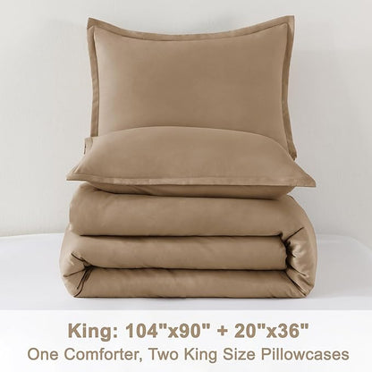 Litanika Taupe Comforter Set King Size, 3 Pieces Solid Bedding Comforter Set, All Season Fluffy Bed Set (104x90In Comforter & 2 Pillowcases)